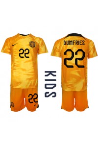 Fotbalové Dres Holandsko Denzel Dumfries #22 Dětské Domácí Oblečení MS 2022 Krátký Rukáv (+ trenýrky)